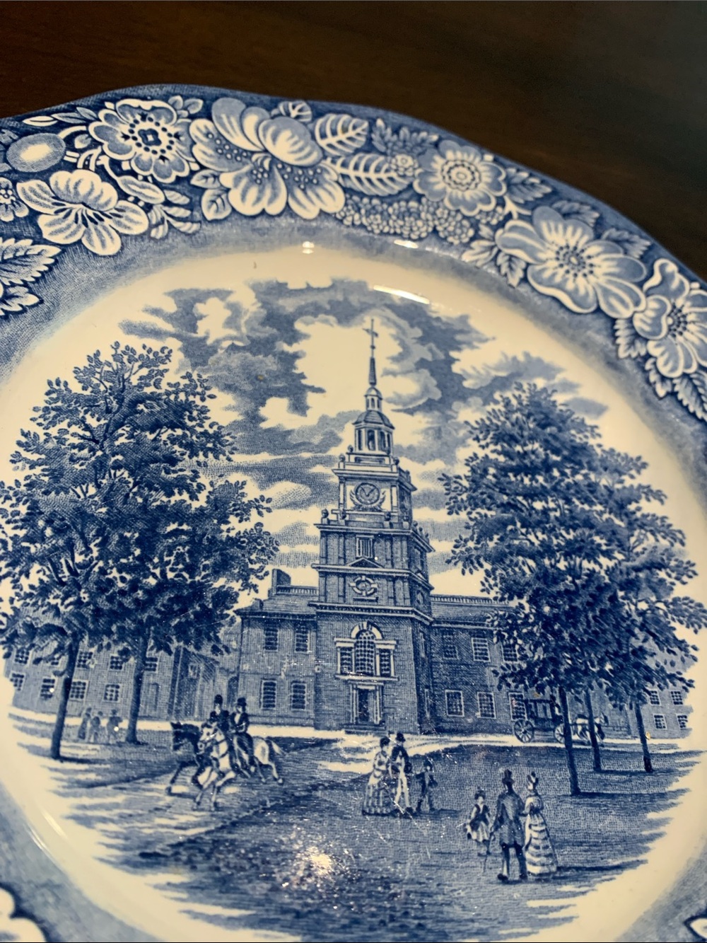 Blue Transferware Dinner Plate with Scenic Center and Floral Border - Picture 3 of 9